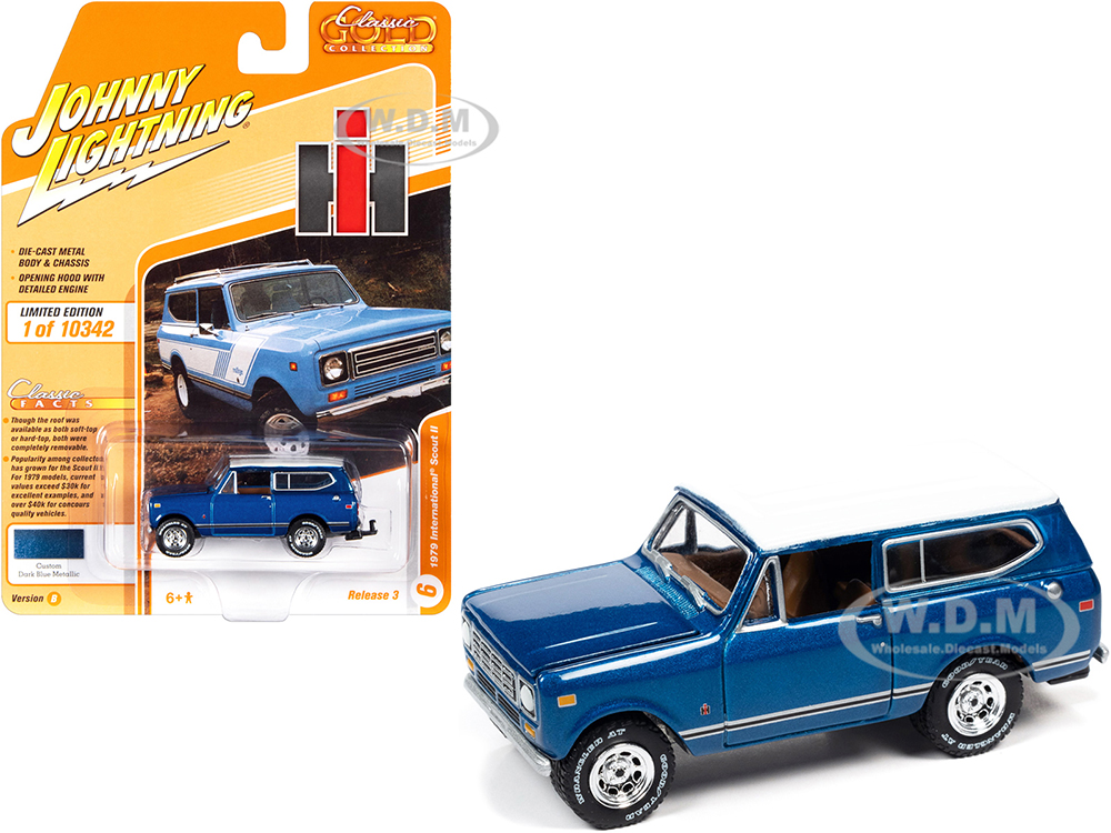 1979 International Scout II Custom Dark Blue Metallic with White Top and Side Stripes Classic Gold Collection Series Limited Edition to 10342 pieces Worldwide 1/64 Diecast Model Car by Johnny Lightning