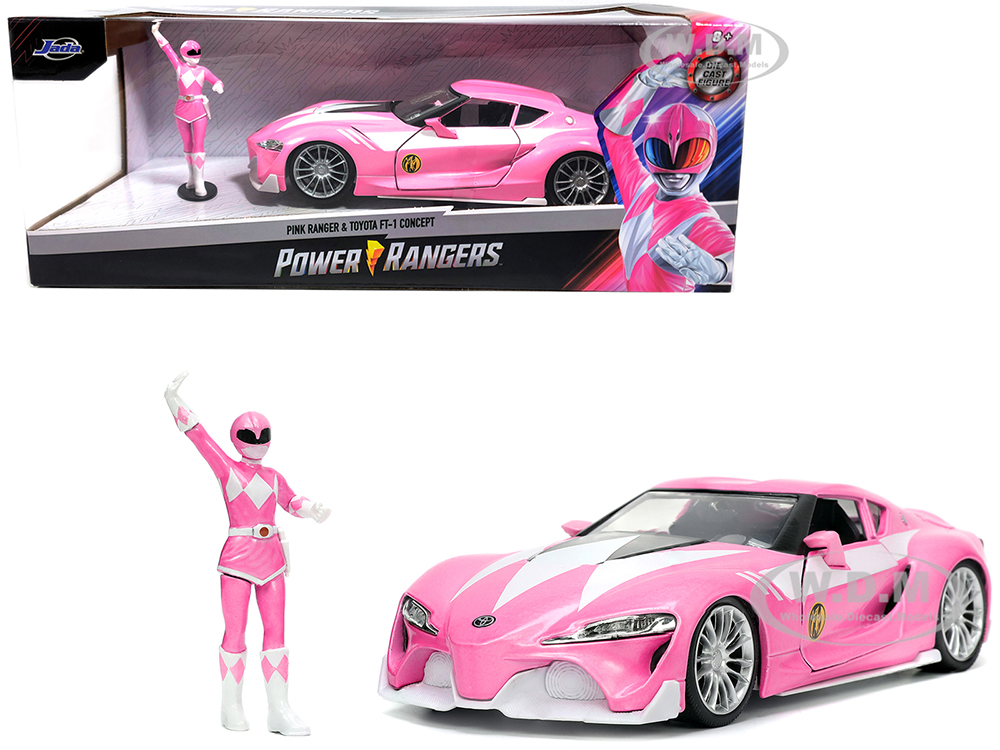 Toyota FT-1 Concept Pink Metallic and Pink Ranger Diecast Figurine Power Rangers Hollywood Rides Series 1/24 Diecast Model Car by Jada