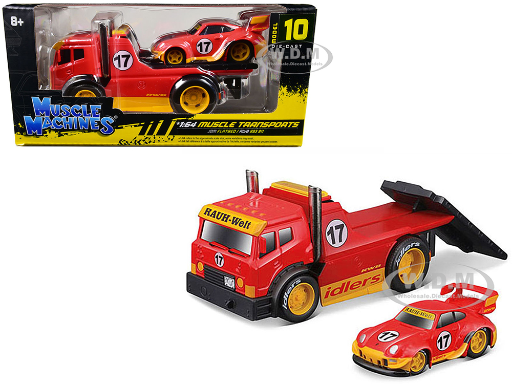 JDM Flatbed Truck 17 Red "RAUH-Welt BEGRIFF" and Porsche RWB 911 993 17 Red "Muscle Transports" Series 1/64 Diecast Model Cars by Muscle Machines