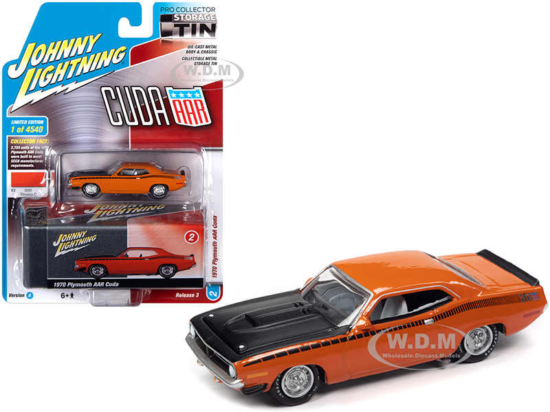1970 Plymouth AAR Barracuda Vitamin C Orange with Black Stripes and Hood and Collector Tin Limited Edition to 4540 pieces Worldwide 1/64 Diecast Mode