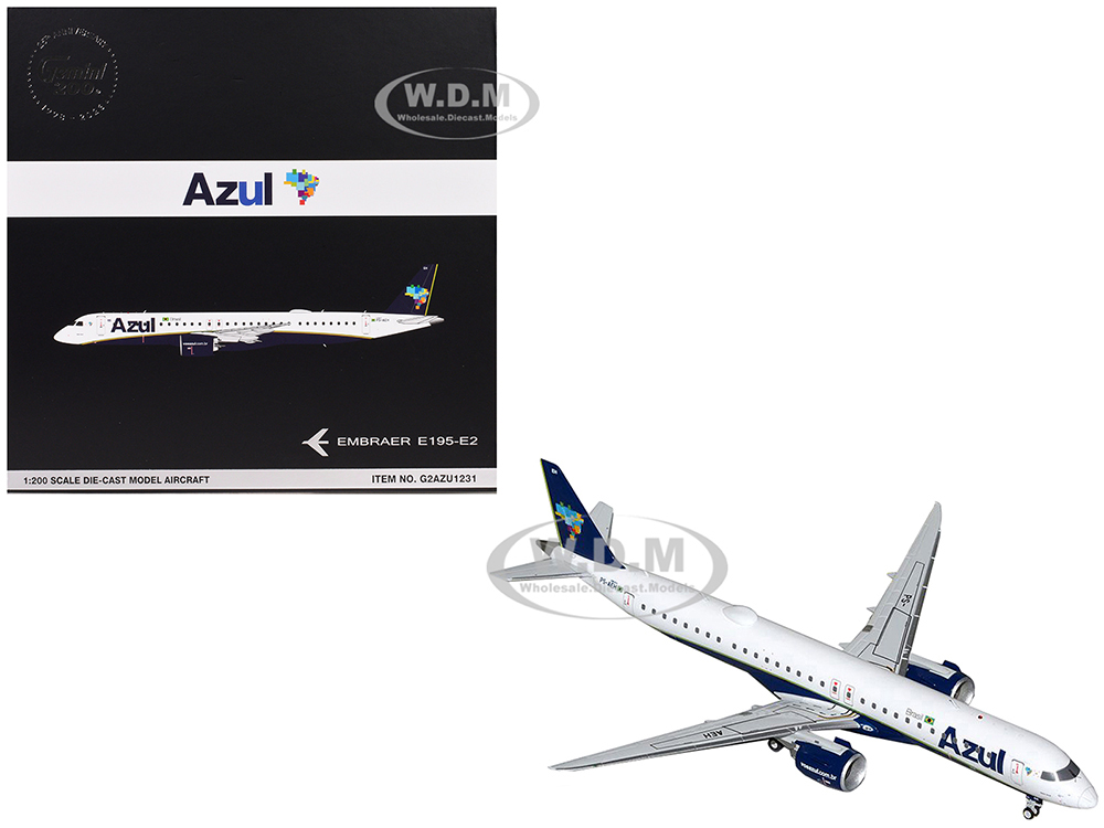Embraer E195-E2 Commercial Aircraft Azul Brazilian Airlines (PS-AEH) White with Blue Tail Gemini 200 Series 1/200 Diecast Model Airplane by GeminiJets
