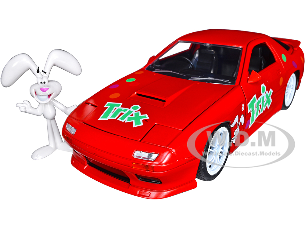 1985 Mazda RX-7 RHD (Right Hand Drive) Red with Graphics and Trix Rabbit Diecast Figure Trix Cereal Hollywood Rides Series 1/24 Diecast Model Car by Jada