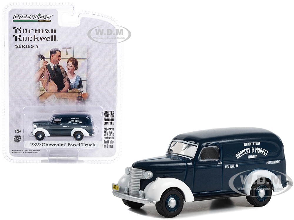 1939 Chevrolet Panel Truck Dark Blue with White Fenders Grocery & Market Delivery Norman Rockwell Series 5 1/64 Diecast Model Car by Greenlight