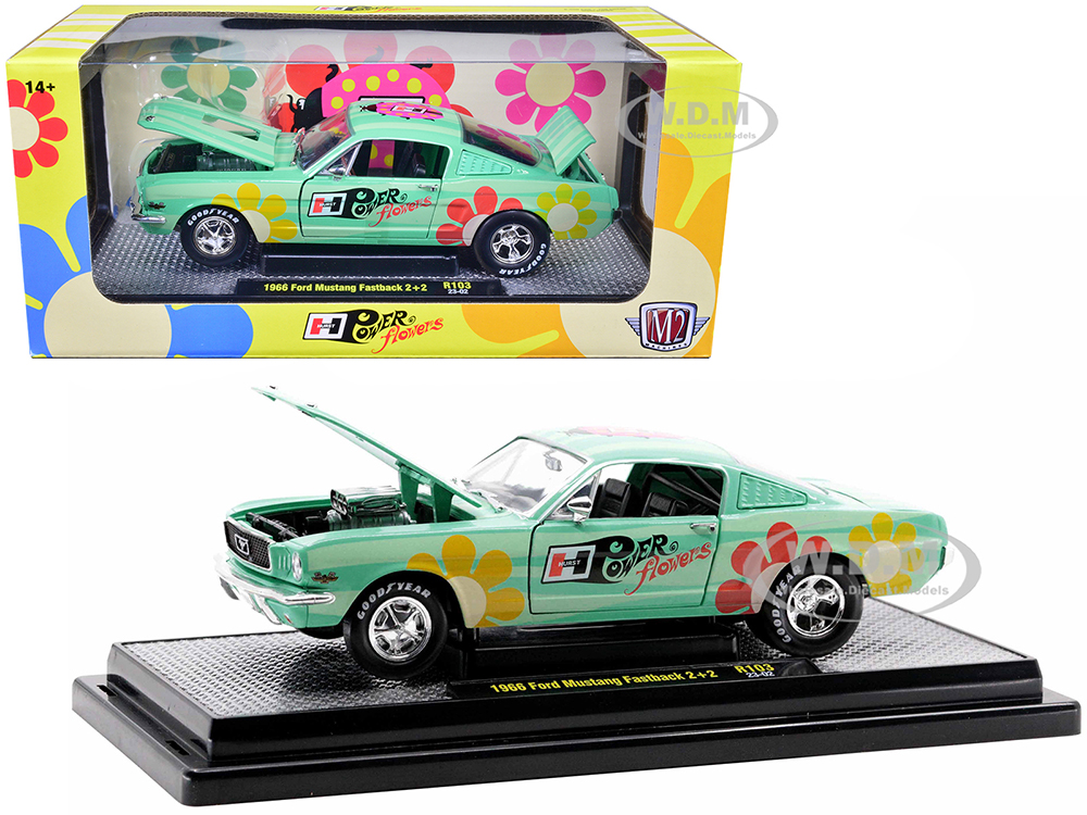 1966 Ford Mustang Fastback 2+2 Seafoam Green and Light Green Striped with Flower Graphics Hurst Power Flowers Limited Edition to 6550 pieces Worldwide 1/24 Diecast Model Car by M2 Machines