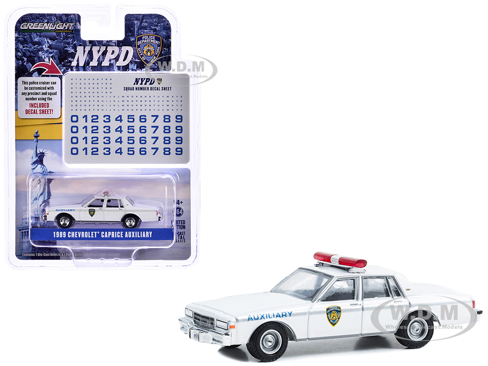 1989 Chevrolet Caprice "New York Police Department (NYPD)" White with NYPD Squad Number Decal Sheet "Hobby Exclusive" Series 1/64 Diecast Model Car b