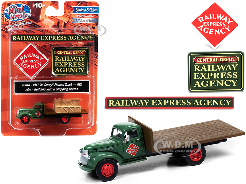 Image of 1941-1946 Chevrolet Flatbed Truck Green with Shipping Crates and Building Signs "Railway Express Agency" 1/87 (HO) Scale Model by Classic Metal Works