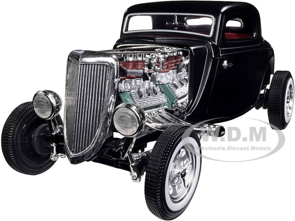 1934 Ford 3-Window Coupe "High Boy Hot Rod" Matt Black with Red Interior 1/18 Diecast Model Car by Auto World