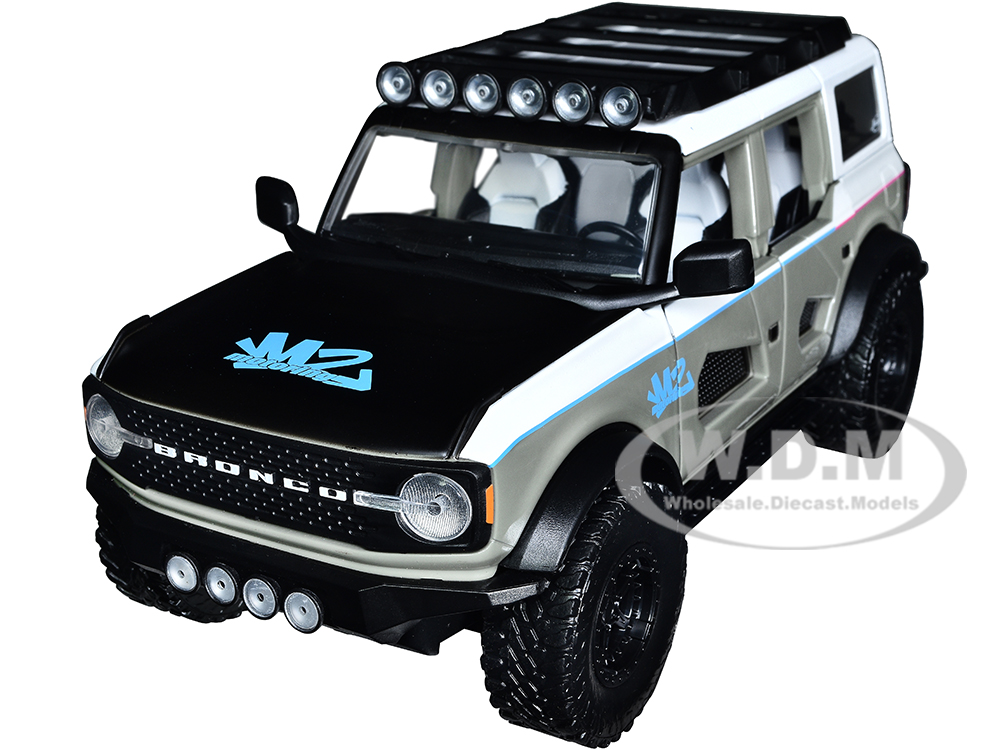 2021 Ford Bronco Gray and White with Matt Black Hood with Roof Rack M2 Motoring Just Trucks Series 1/24 Diecast Model Car by Jada
