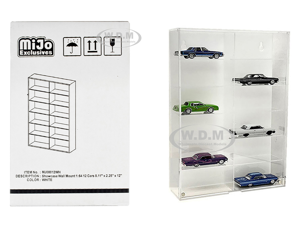 Showcase 12 Car Display Case Wall Mount with White Back Panel "Mijo Exclusives" for 1/64 Scale Models