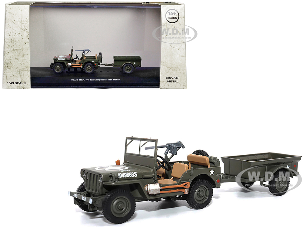 Willys Jeep 1/4-Ton Utility Truck Olive Drab with Trailer "United States Army" 1/43 Diecast Model by Militaria Die Cast