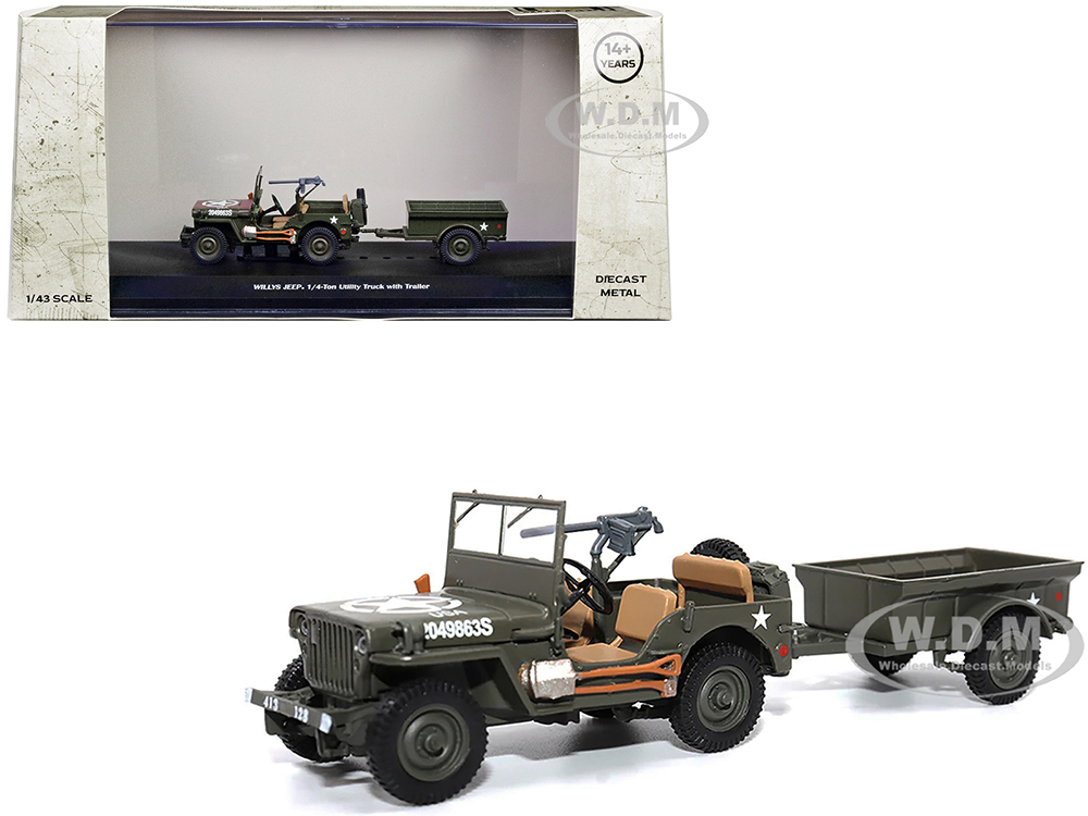 Willys Jeep 1/4-Ton Utility Truck Olive Drab with Trailer United States Army 1/43 Diecast Model by Militaria Die Cast