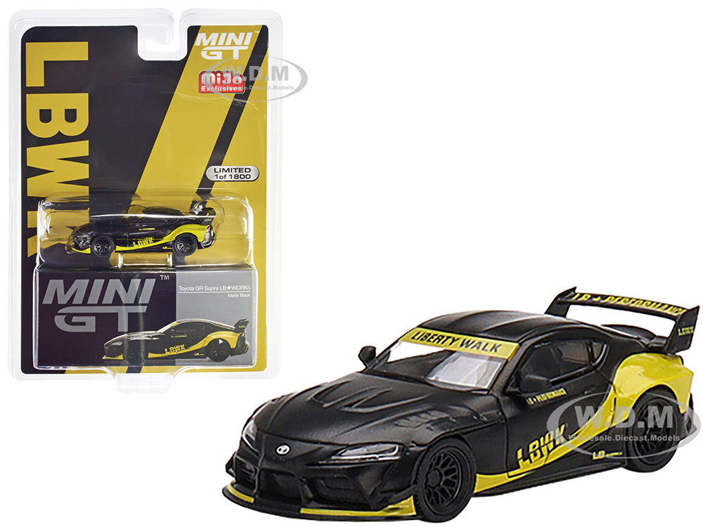 Toyota GR Supra LB-Works Matt Black with Yellow Graphics Limited Edition to 1800 pieces Worldwide 1/64 Diecast Model Car by True Scale Miniatures