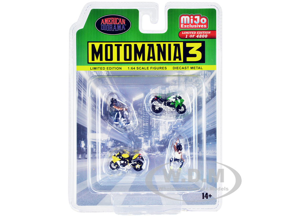 "Motomania 3" 4 piece Diecast Set (2 Figures and 2 Motorcycles) Limited Edition to 4800 pieces Worldwide for 1/64 Scale Models by American Diorama