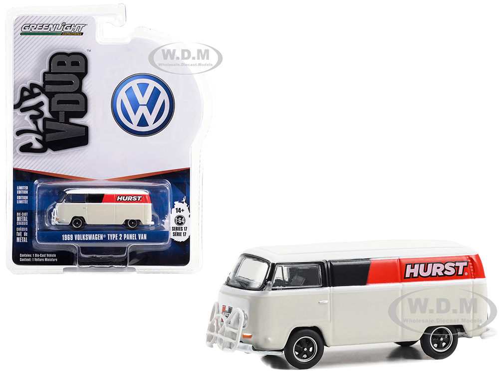 1969 Volkswagen Type 2 Panel Van White with Black and Red Stripes Hurst Shifters Club Vee V-Dub Series 17 1/64 Diecast Model Car by Greenlight