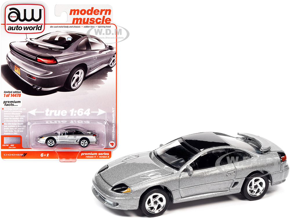 1993 Dodge Stealth R/T Silver Metallic with Black Top "Modern Muscle" Limited Edition to 14478 pieces Worldwide 1/64 Diecast Model Car by Auto World