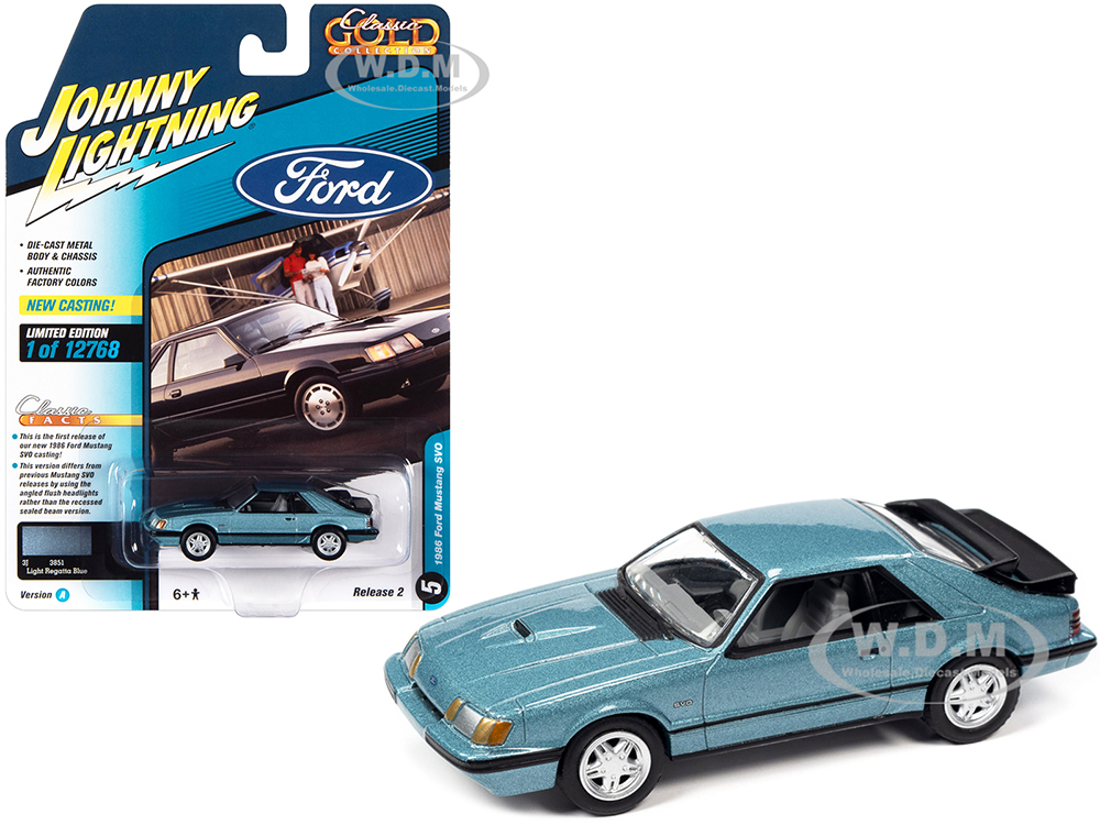 1986 Ford Mustang SVO Light Regatta Blue Metallic with Black Stripes Classic Gold Collection Series Limited Edition to 12768 pieces Worldwide 1/64 Diecast Model Car by Johnny Lightning