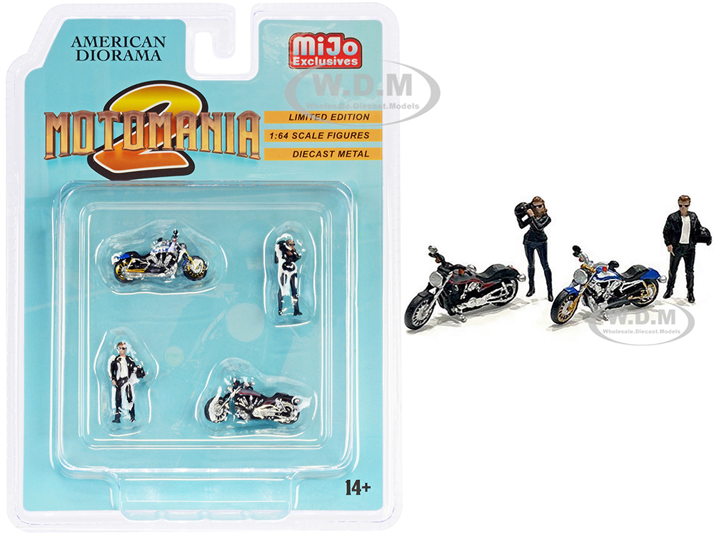 "Motomania 2" 4 piece Diecast Set (2 Figurines and 2 Motorcycles) for 1/64 Scale Models by American Diorama