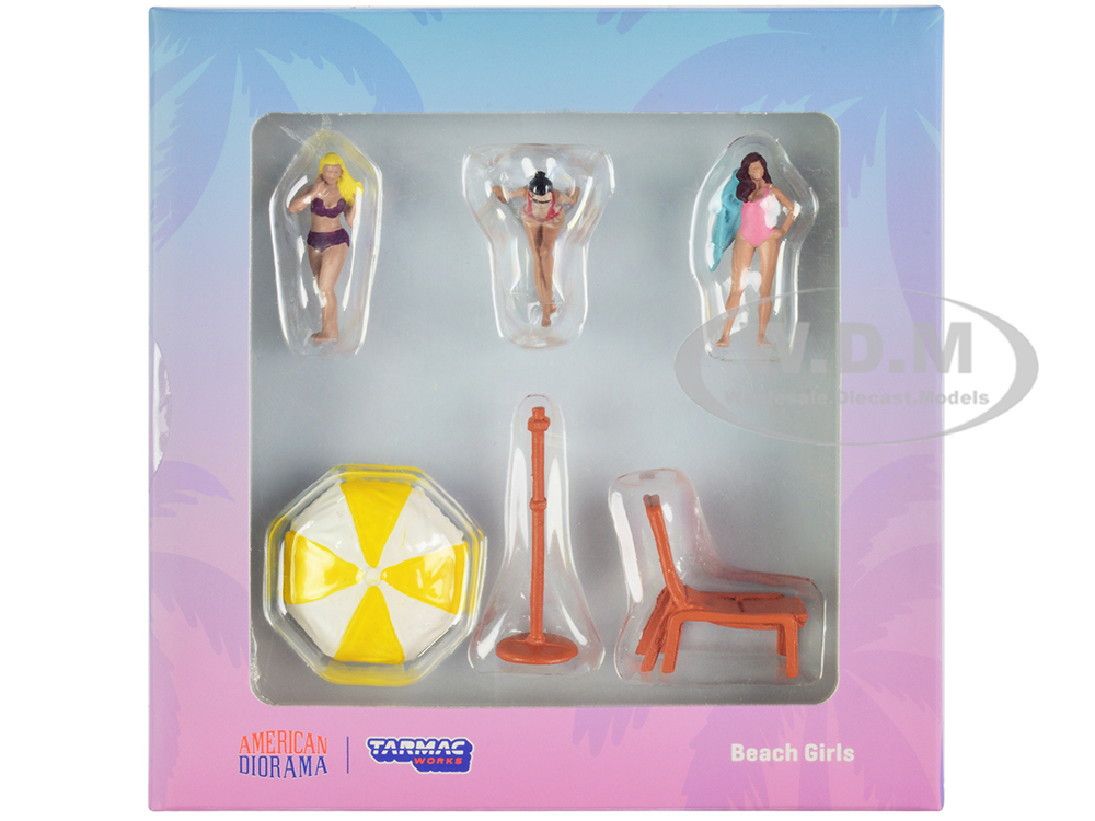 "Beach Girls" 5 piece Diecast Figure Set (3 Female Figures and 2 Beach Accessories) for 1/64 Scale Models by Tarmac Works &amp; American Diorama