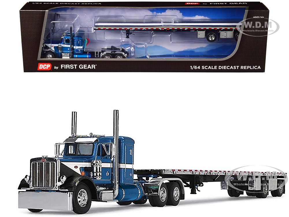 Peterbilt 359 with 36" Flat Top Sleeper and Wilson Roadbrute 53 Flatbed Spread-Axle Trailer Blue Metallic with White Stripes 1/64 Diecast Model by DC