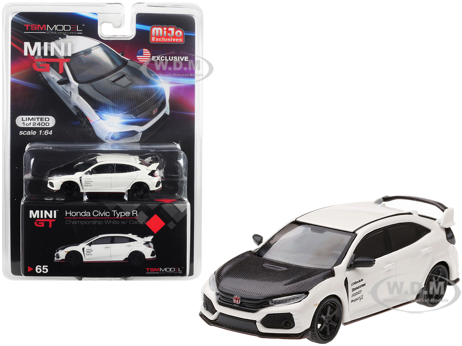 Image of Honda Civic Type R (FK8) Championship White with Carbon Hood and TE37 Wheels Limited Edition to 2400 pieces Worldwide 1/64 Diecast Model Car by True