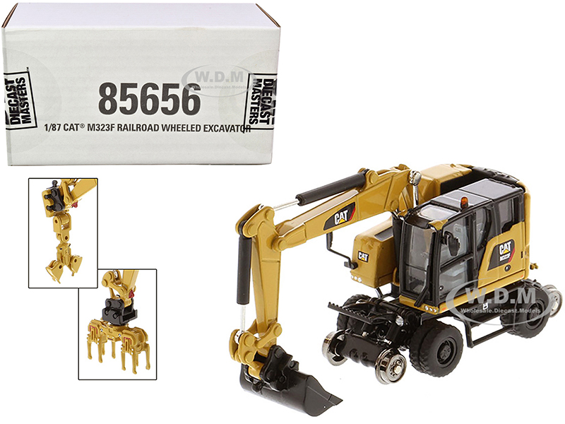 CAT Caterpillar M323F Railroad Wheeled Excavator with 3 Accessories (CAT Yellow Version) "High Line" Series 1/87 (HO) Scale Diecast Model by Diecast