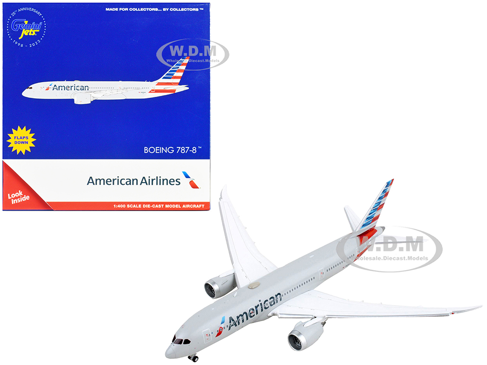 Boeing 787-8 Commercial Aircraft with Flaps Down American Airlines Gray with Striped Tail 1/400 Diecast Model Airplane by GeminiJets
