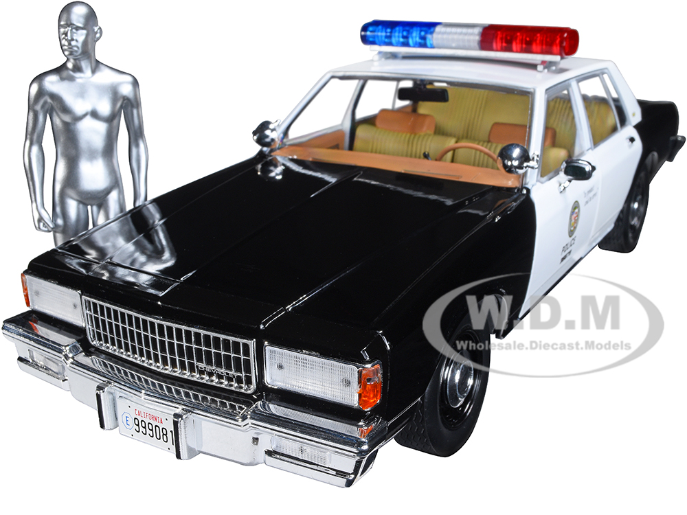 1987 Chevrolet Caprice Metropolitan Police Black and White with T-1000 Liquid Metal Android Diecast Figure Terminator 2: Judgment Day (1991) Movie Artisan Collection 1/18 Diecast Model Car by Greenlight