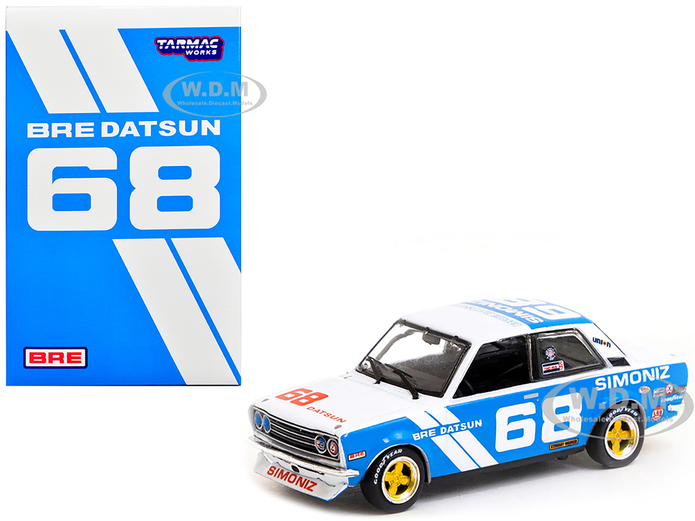 Datsun 510 68 "BRE" White and Blue "Trans-Am 2.5 Championship" (1972) with METAL OIL CAN 1/64 Diecast Model Car by Tarmac Works