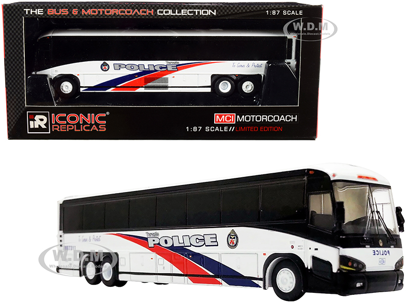 Image of MCI D4505 Motorcoach Bus "Toronto Police" (Canada) White with Blue and Red Stripes "The Bus &amp; Motorcoach Collection" 1/87 (HO) Diecast Model by I
