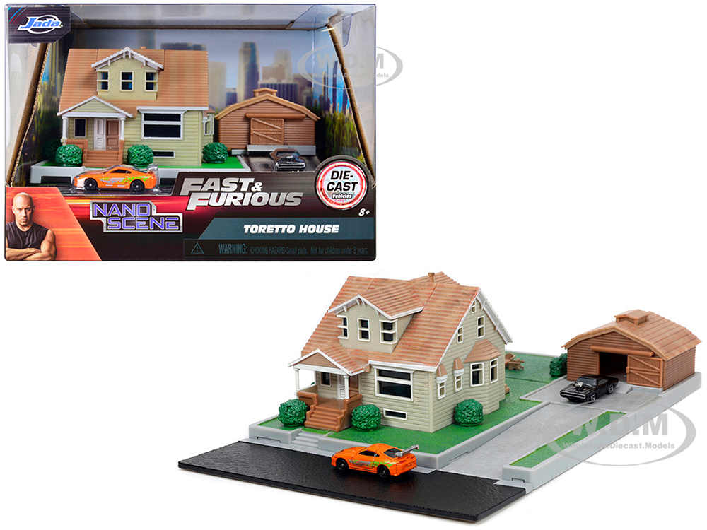 Toretto House Diorama with Dodge Charger Black and Toyota Supra Orange with Graphics 