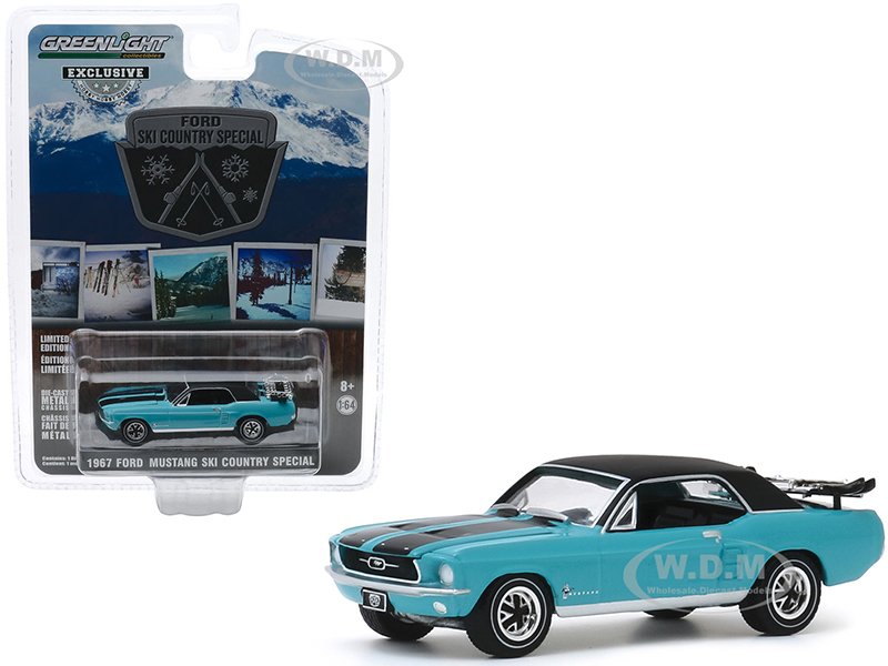 Image of 1967 Ford Mustang Coupe Winter Park Turquoise with Black Stripes and Black Top and a Pair of Skis "Ski Country Special" "Hobby Exclusive" 1/64 Diecas