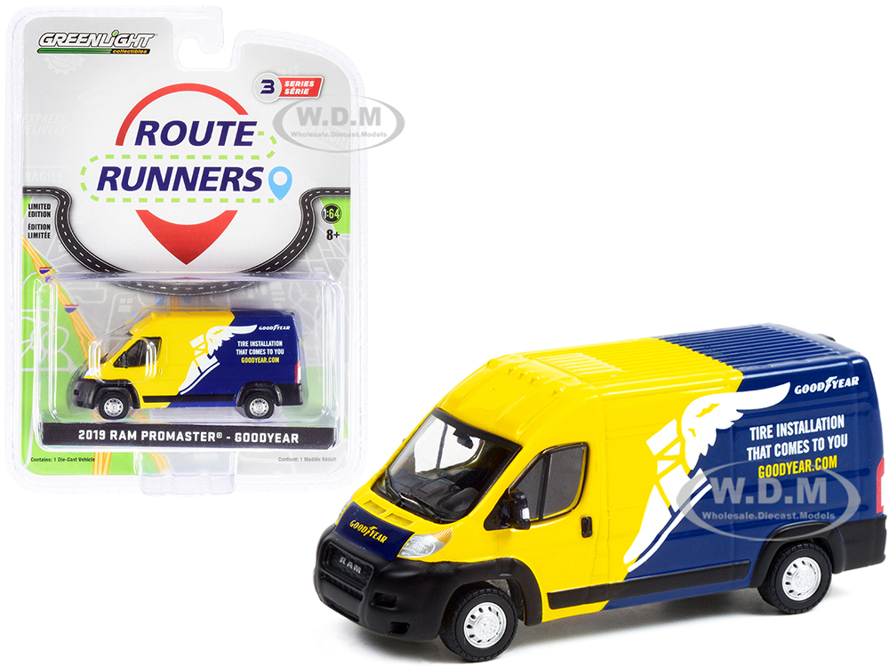 2019 Ram ProMaster 2500 Cargo High Roof Van Yellow and Blue Goodyear Tire Installation That Comes To You Route Runners Series 3 1/64 Diecast Model by Greenlight