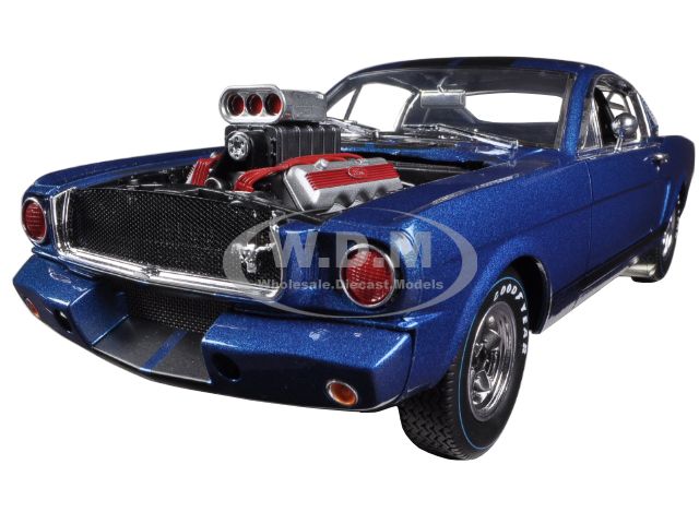1965 Ford Shelby Mustang GT350R With Racing Engine Blue With Black Stripes 1/18 Diecast Car Model by Shelby Collectibles