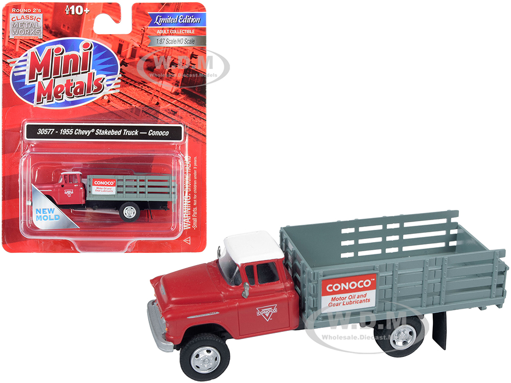 1955 Chevrolet Stakebed Truck "conoco" Red And Gray 1/87 (ho) Scale Model By Classic Metal Works
