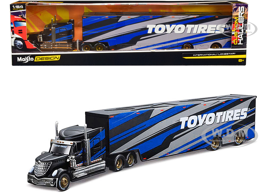 International LoneStar Enclosed Car Transporter "Toyo Tires" Black with Blue and Gray Stripes "Custom Haulers" Series 1/64 Diecast Model by Maisto