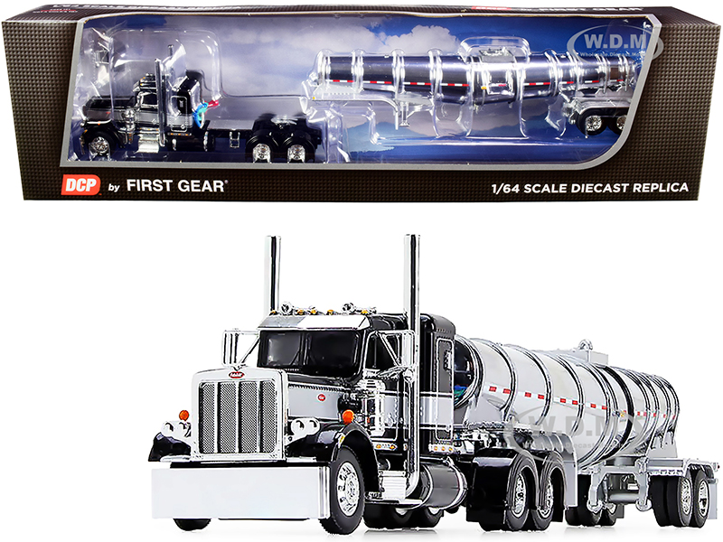 Image of Peterbilt 359 Day Cab Black and Silver with Chrome 36" Sleeper Bunk and Polar Deep Drop Tank Trailer 1/64 Diecast Model by DCP/First Gear