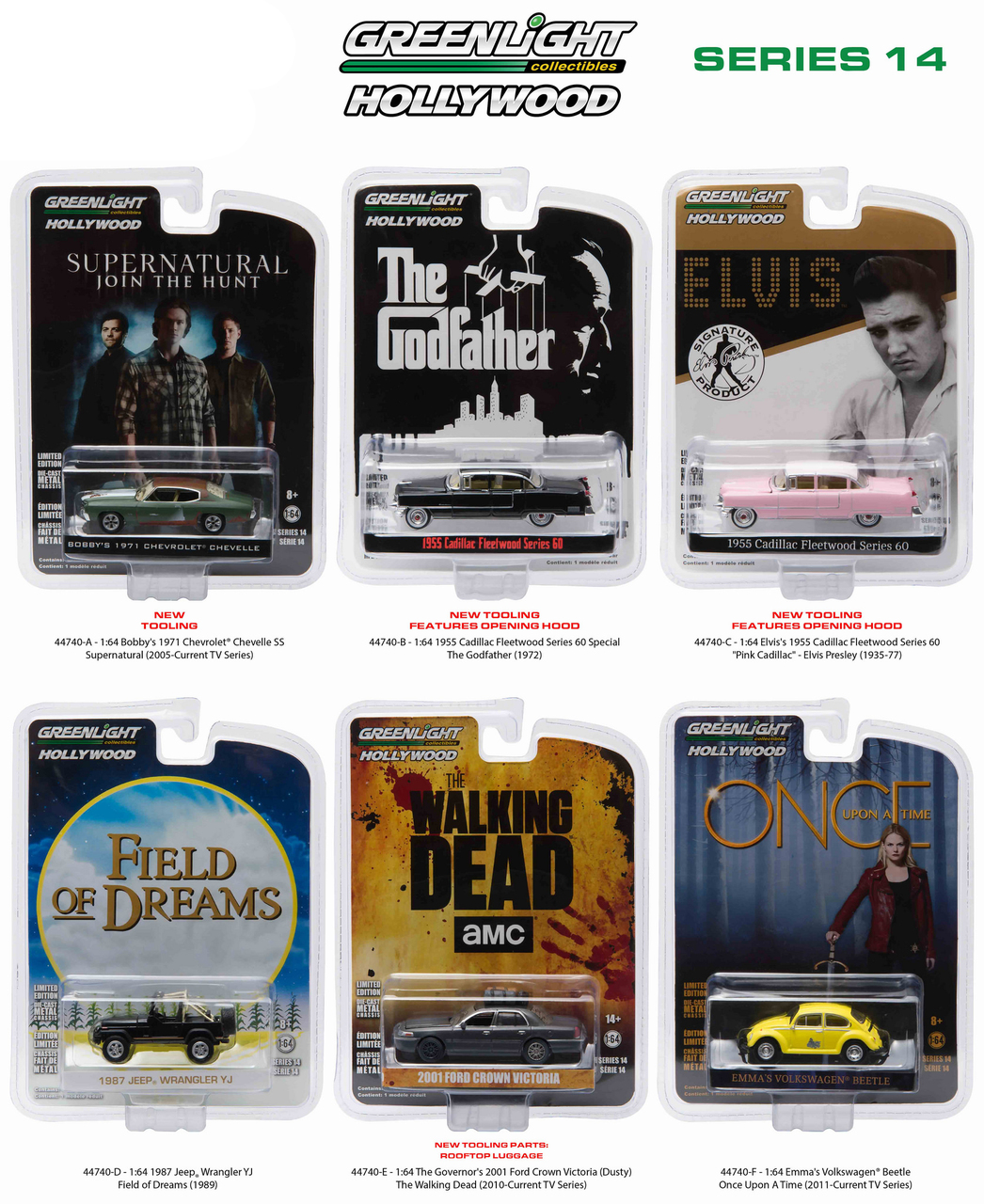 Brand new 1:64 scale diecast model car of Hollywood Series / Release 14 6pc Diecast Car Set by Greenlight.Limited Edition.Brand New Box.Has Rubber Tires.Metal Body and Chassis.Detailed Interior Exterior.Officially Licensed Product.Each Model is Packed in Individual Blister Pack.Might come with a chase car instead of one of the cars in a set but it is not guaranteed.Dimensions of Each Car is Approximately L-2 1/2 Inches Long.THIS SET INCLUDES FOLLOWING MODELS:Bobbys 1971 Chevrolet Chevelle Supernatural (Current TV Series)1955 Cadillac Fleetwood Series 60 Special The Godfather (1972)Elviss Pink 1955 Cadillac Fleetwood Series 60 Elvis Presley (1935-77)1987 Jeep Wrangler YJ Field of Dreams (1989)The Governors 2001 Ford Crown Vic The Walking Dea