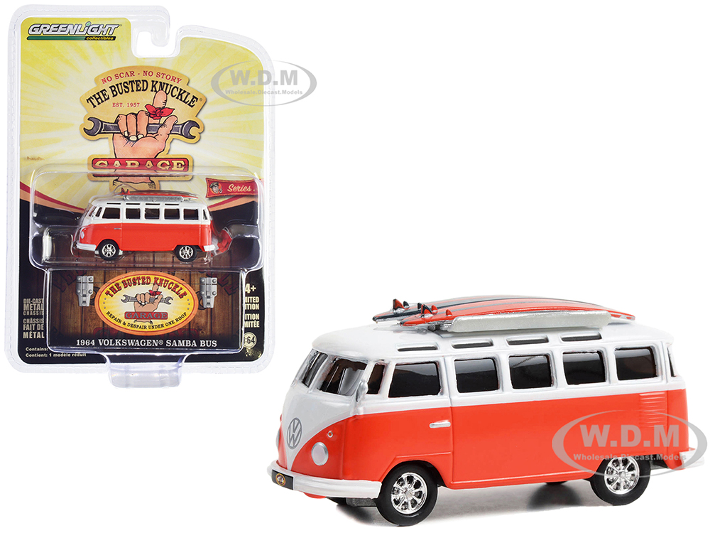 1964 Volkswagen Samba Bus Orange and White with Surfboards The Busted Knuckle Garage Service & Sales Busted Knuckle Garage Series 2 1/64 Diecast Model Car by Greenlight