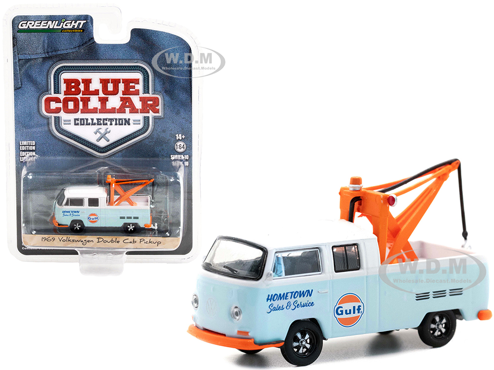 1969 Volkswagen Double Cab Pickup Tow Truck with Drop in Tow Hook Light Blue and White "Gulf Oil Sales &amp; Service" "Blue Collar Collection" Series