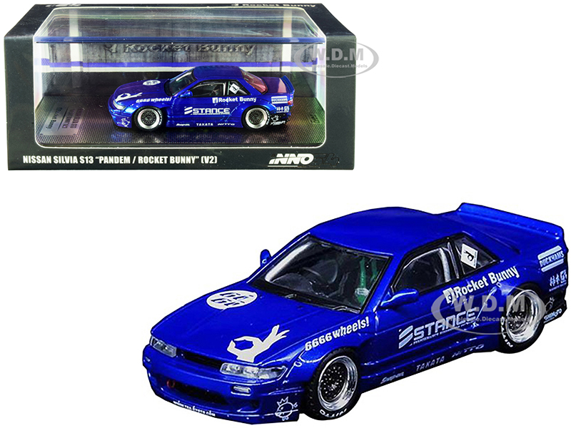 Nissan Silvia S13 (V2) RHD (Right Hand Drive) "Pandem Rocket Bunny" Blue Metallic with Graphics 1/64 Diecast Model Car by Inno Models