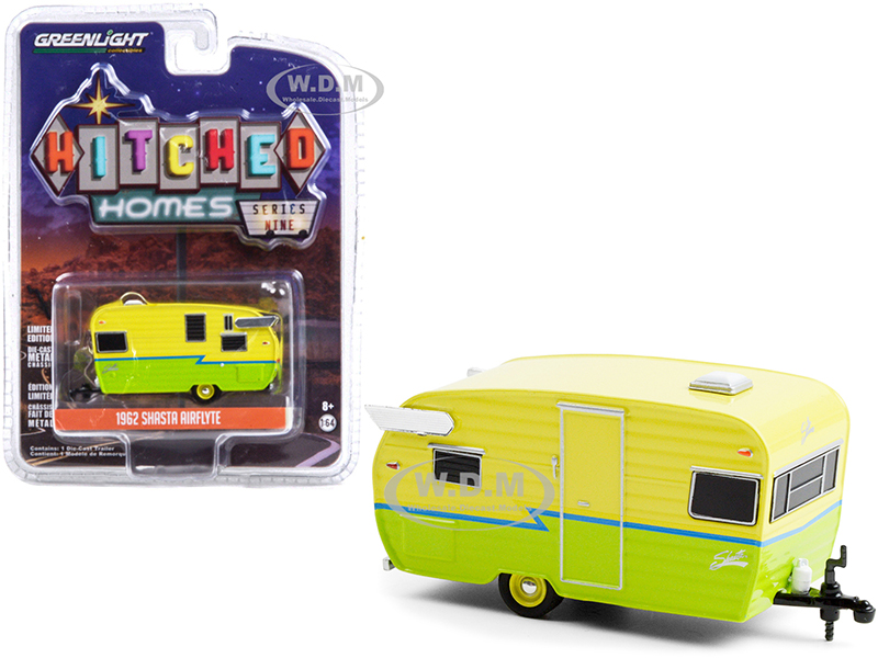 Image of 1962 Shasta Airflyte Travel Trailer Yellow and Green with Blue Stripe "Hitched Homes" Series 9 1/64 Diecast Model by Greenlight
