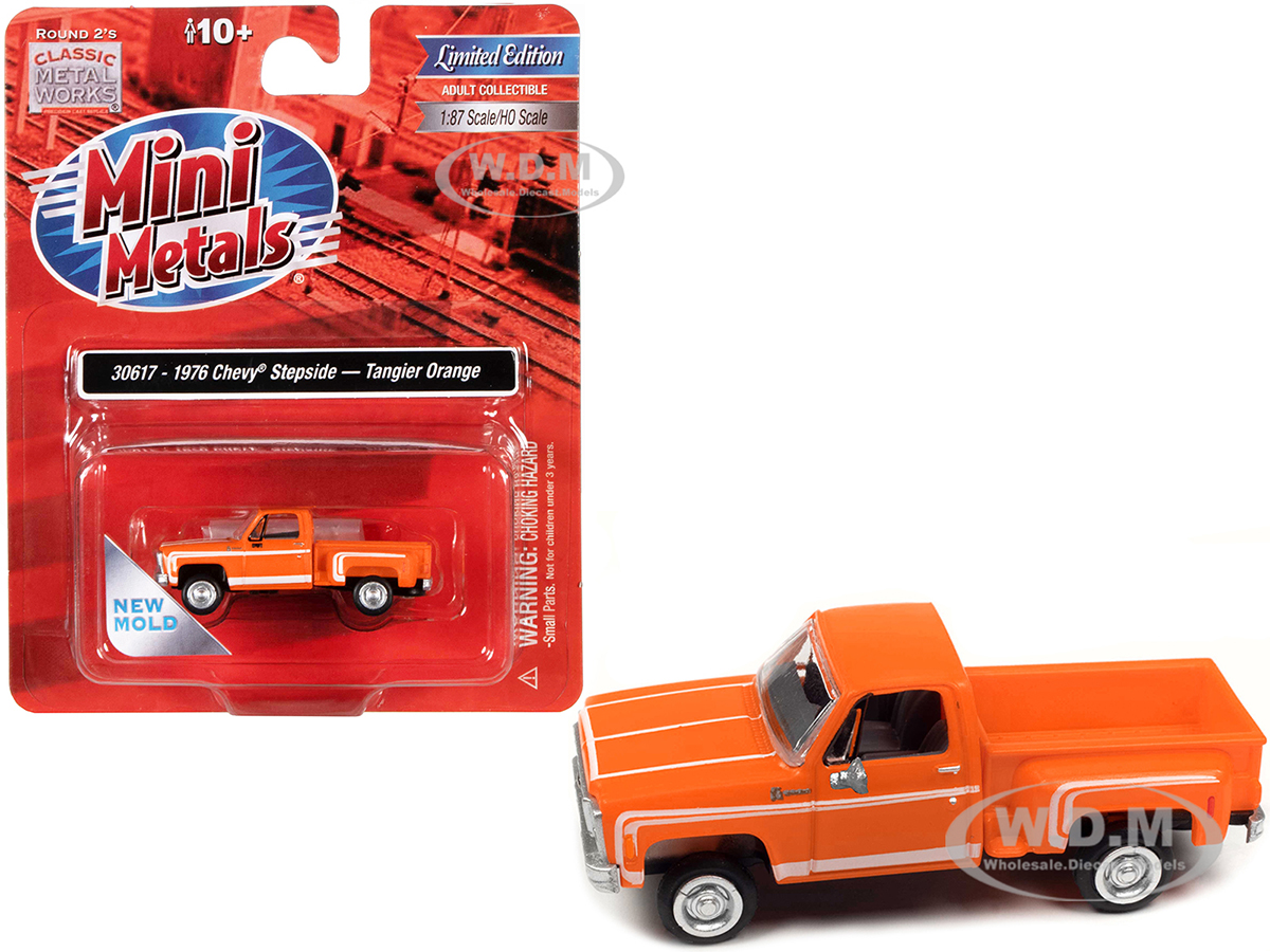1976 Chevrolet Stepside Pickup Truck Tangier Orange with White Stripes 1/87 (HO) Scale Model Car by Classic Metal Works