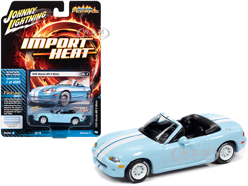1999 Mazda MX-5 Miata Convertible Light Blue with White Stripes "Import Heat" Limited Edition to 4588 pieces Worldwide 1/64 Diecast Model Car by John
