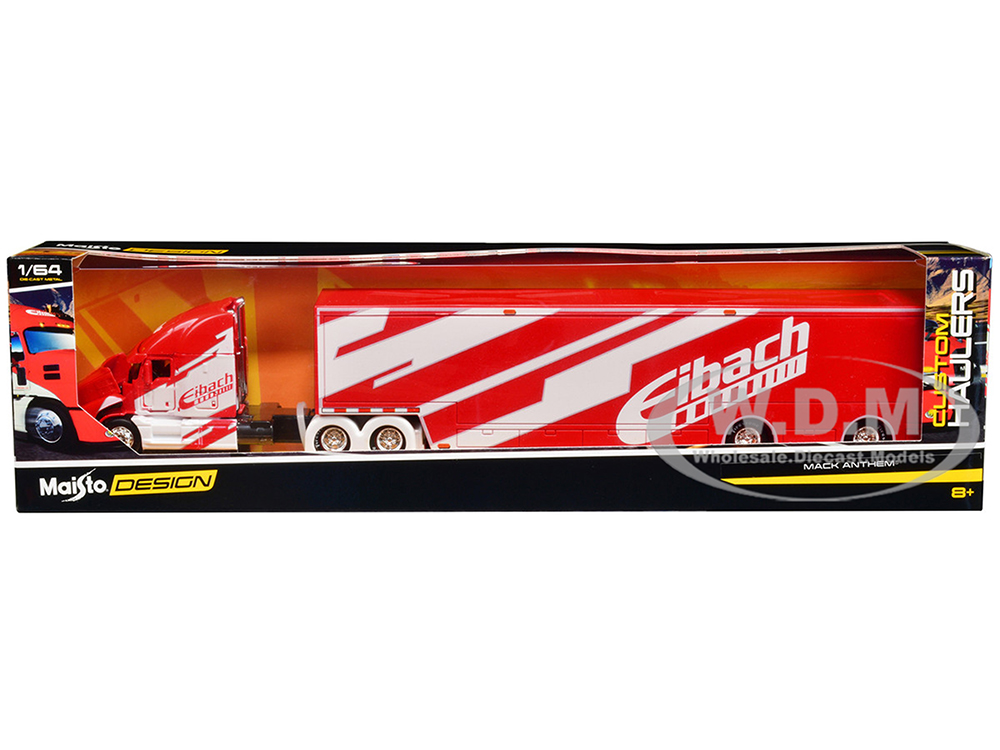 Mack Anthem Enclosed Car Transporter Eibach Red with White Graphics Custom Haulers Series 1/64 Diecast Model by Maisto