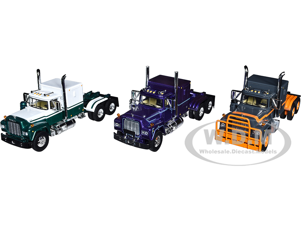 Mack R Sleeper Trio Set of 3 Truck Tractors in Gray Purple and Green 1/64 Diecast Models by DCP/First Gear