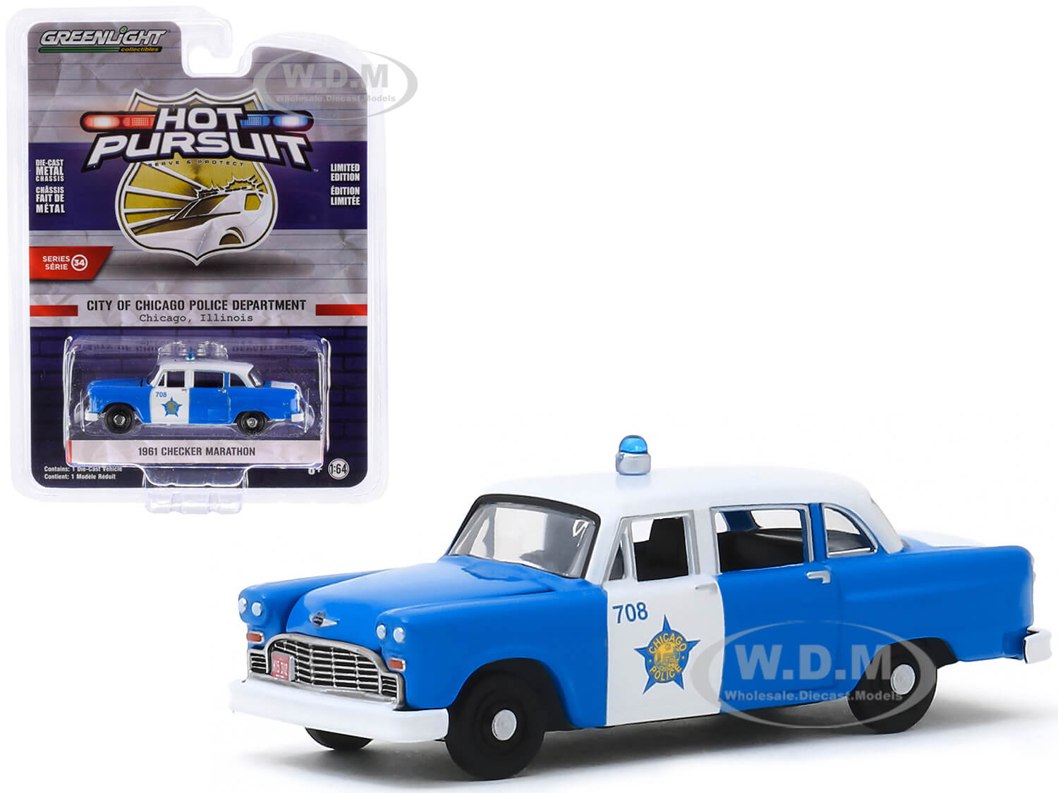 Image of 1961 Checker Marathon Blue and White "City of Chicago Police Department" (Chicago Illinois) "Hot Pursuit" Series 34 1/64 Diecast Model Car by Greenli