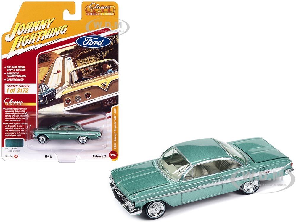1961 Chevrolet Impala SS 409 Arbor Green Metallic with Light Green Interior Classic Gold Collection 2023 Release 2 Limited Edition to 3172 pieces Worldwide 1/64 Diecast Model Car by Johnny Lightning