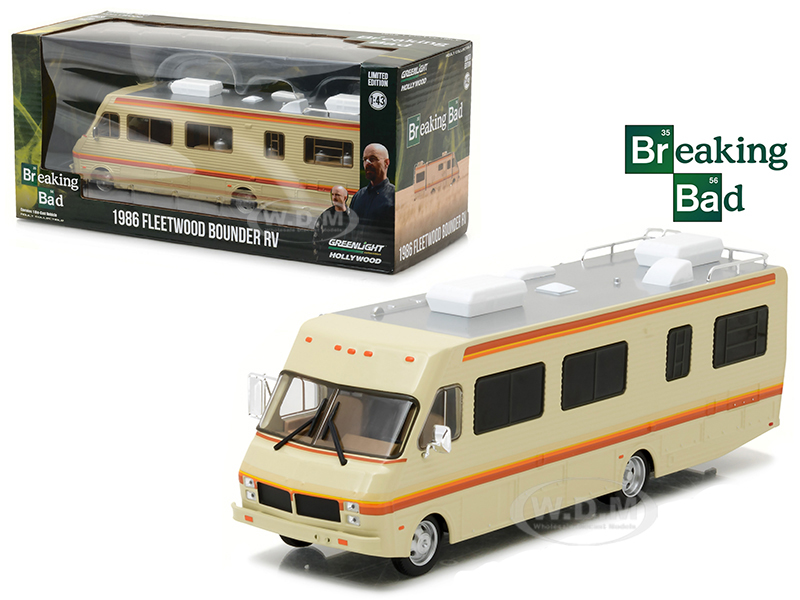 Brand new 1:43 scalediecast car model of 1986 Fleetwood Bounder RV Breaking Bad (2008-13 TV Series) die cast car model by Greenlight.Rubber tires.Brand newbox.New 1:43 scale tooling!Custom Breaking Bad packaging.Officially licensed.True-to-scale detail.Authentic tv show decoration.Chrome accents.Limited edition.Detailed interior exterior.Approximate dimensions: 8.5 H-3 W-2.75 inches.