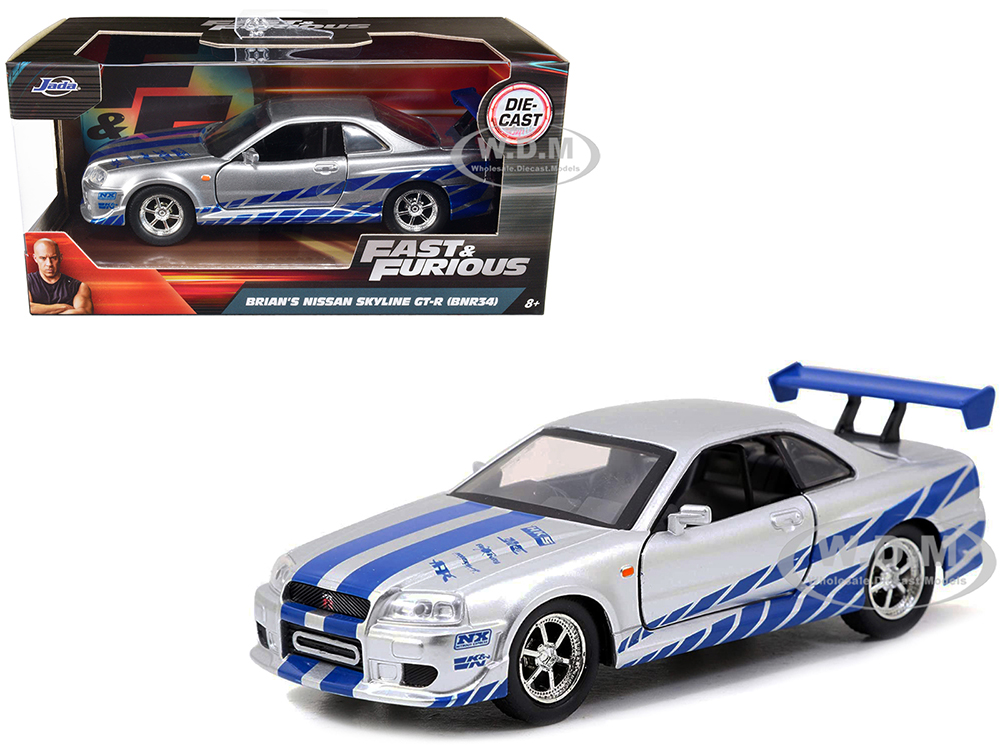 Brians Nissan Skyline GT-R (R34) Silver with Blue Stripes Fast &amp; Furious Movie 1/32 Diecast Model Car by Jada