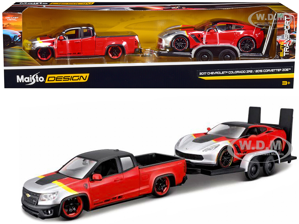2017 Chevrolet Colorado ZR2 Pickup Truck Red and 2015 Chevrolet Corvette Z06 Red with Flatbed Trailer Set of 3 pieces "Elite Transport" Series 1/24 D
